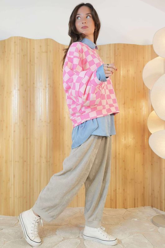 Check Mate Lantern Sleeve Sweat Hot Pink Blush